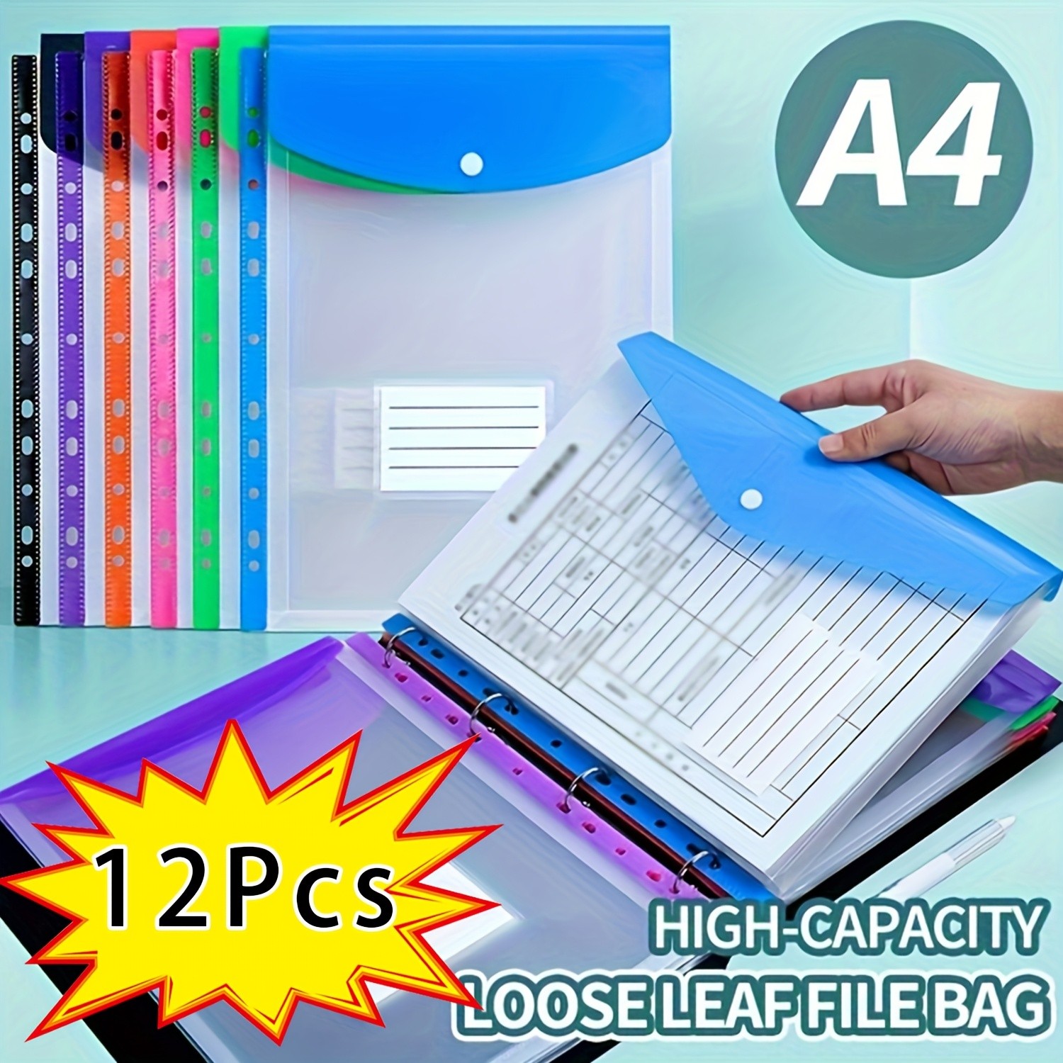 LDQ 12-Pack A4 Expanding File Folders Heavy-Duty PP Document Organizers with Push-Button Lock & 11-Ring Binder Pockets