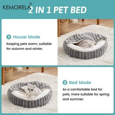 KEMORELA Calming Warm Kitten Bed Round Hooded Plush Cat Cave
