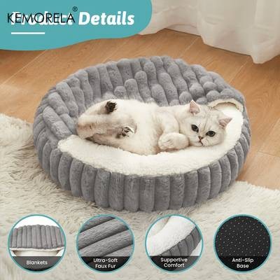 KEMORELA Calming Warm Kitten Bed Round Hooded Plush Cat Cave