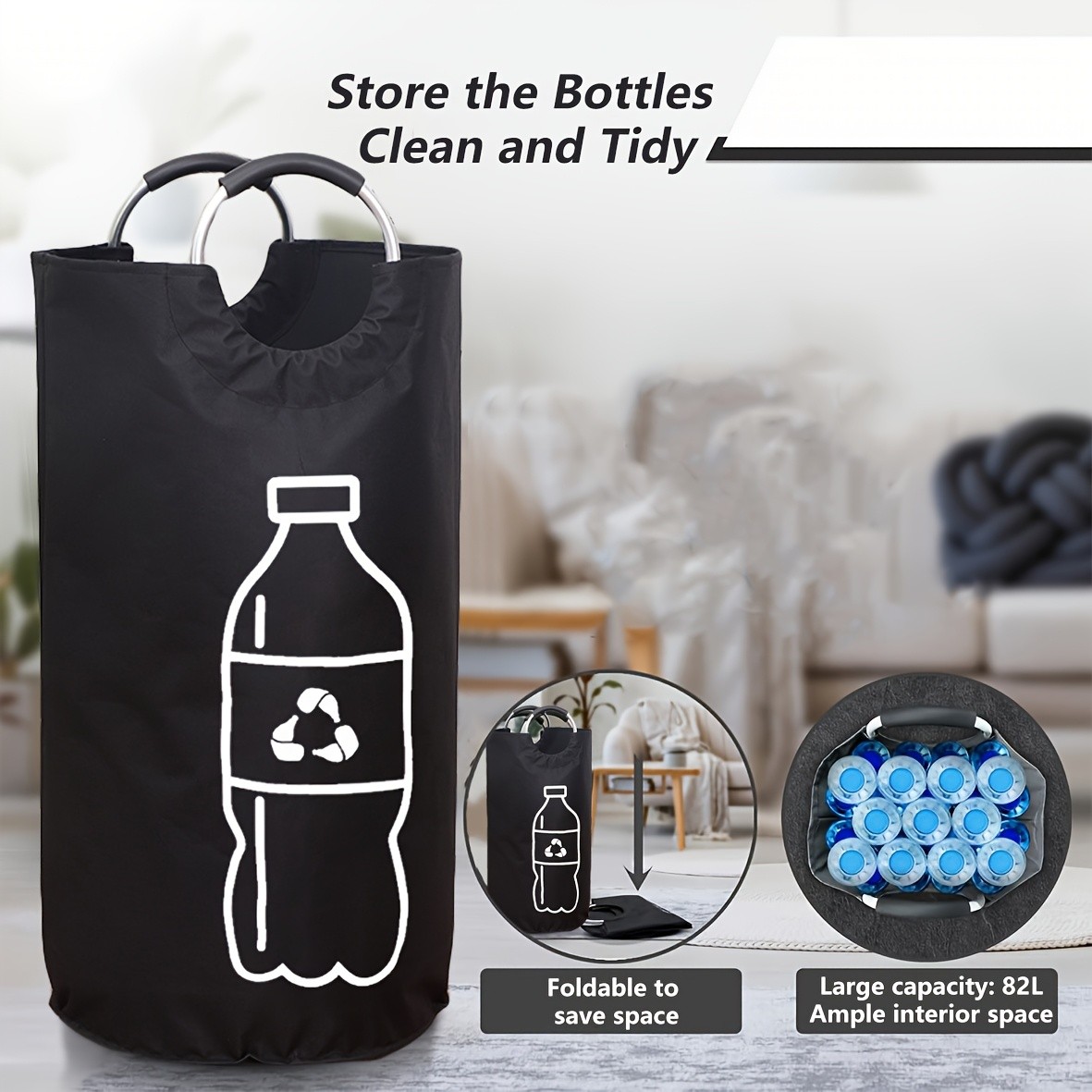 MCMLS Extra-Large Foldable Recycling Bin Cylindrical Open-Top Storage Basket for NZ Bottles & Home Organisation