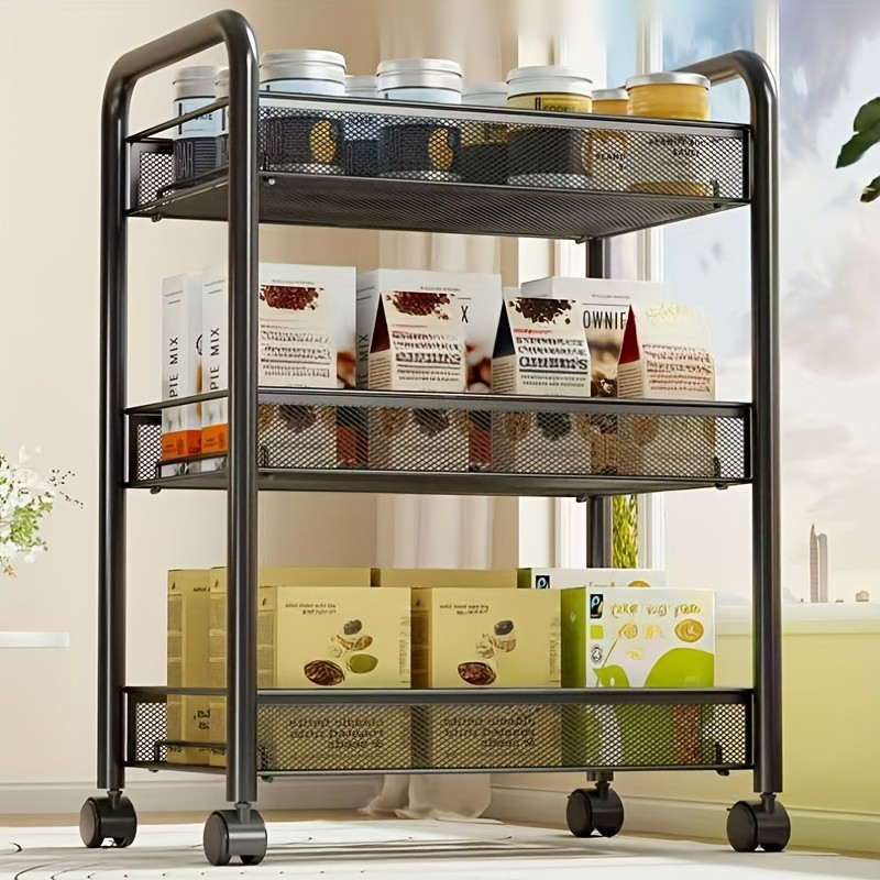 HAOZCL Mesh Rolling Wire Multifunctional Cart 3-Layer Metal Storage Cart with Lockable Wheels for Home, Office, and Kitchen Use