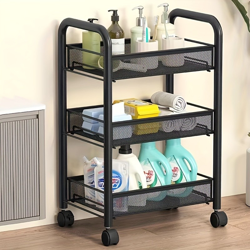 HAOZCL Mesh Rolling Wire Multifunctional Cart 3-Layer Metal Storage Cart with Lockable Wheels for Home, Office, and Kitchen Use