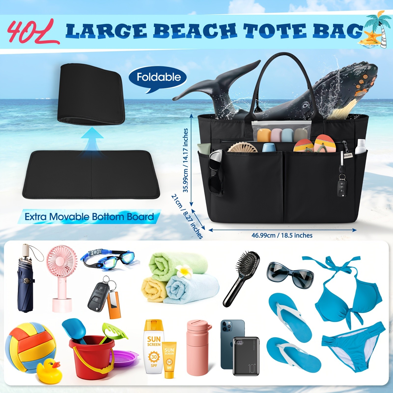 IGOLUMON 40L Tote Bag with Zipper Spacious, Foldable, and Perfect for Beach, Travel, and Gym