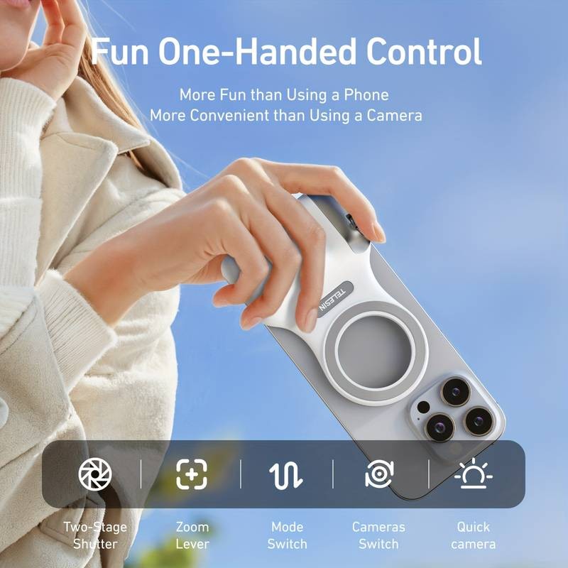 TELESIN Magnetic Shutter Handle for iPhone and Android DSLR-Style Wireless Shutter with Removable Button and Ergonomic Grip