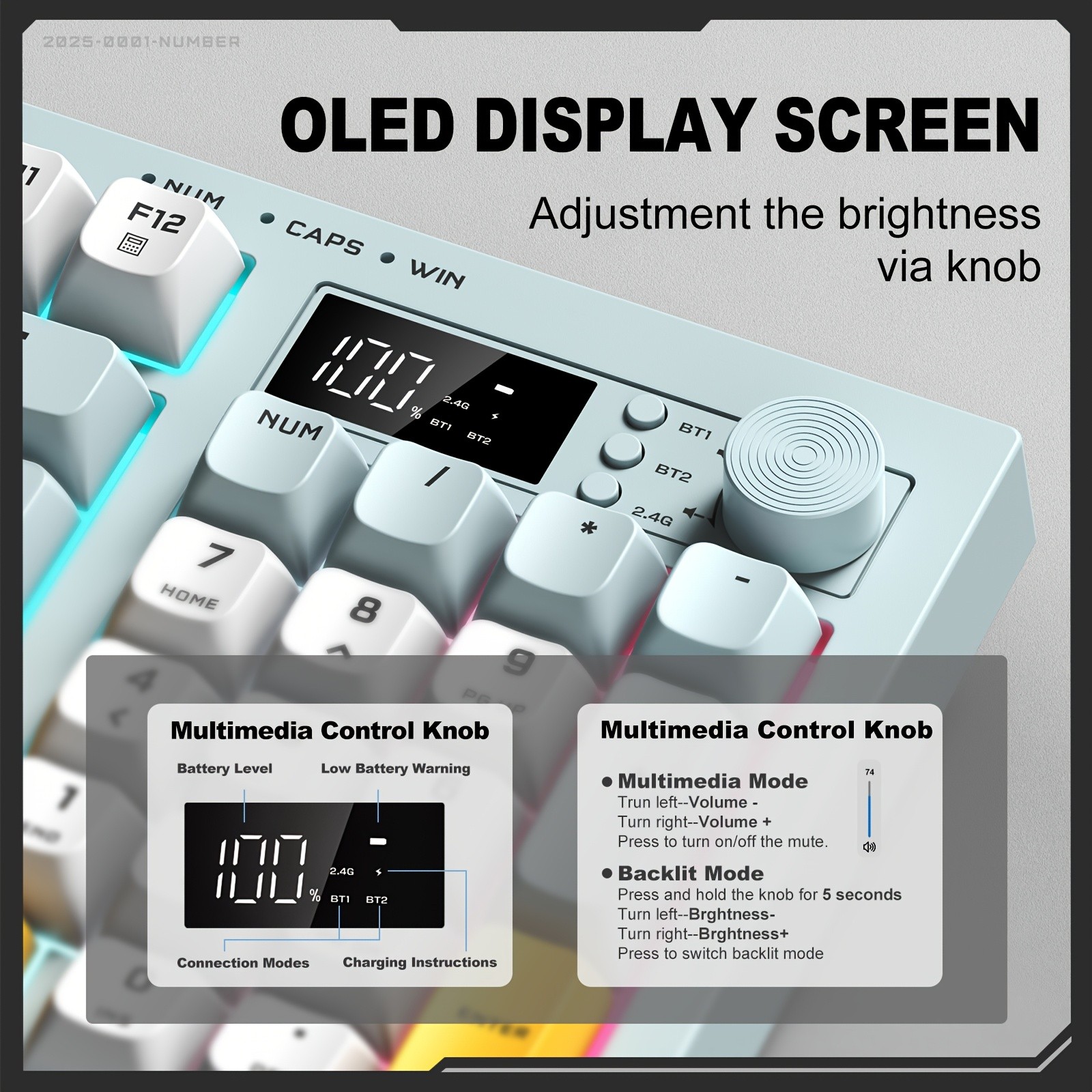 ONIKUMA Wireless Keyboard 94 Membrane Keys, LCD Screen, Multi-Function Knob, Ergonomic Design