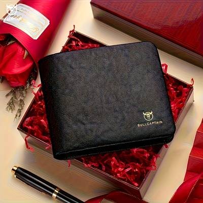 BULLCAPTAIN Custom Mens Genuine Leather Wallet Luxury Business Style with Golden-Tone Hardware and Large Capacity