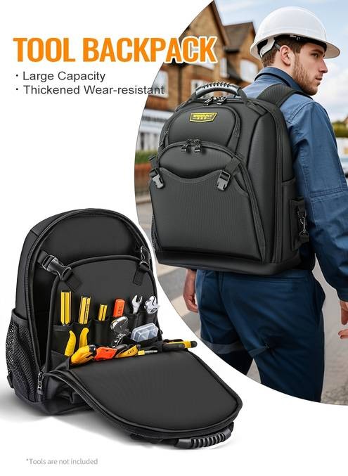 WINHUNT Heavy-Duty Tool Backpack with Multiple Compartments Durable Fabric Construction for Electricians & DIY Projects
