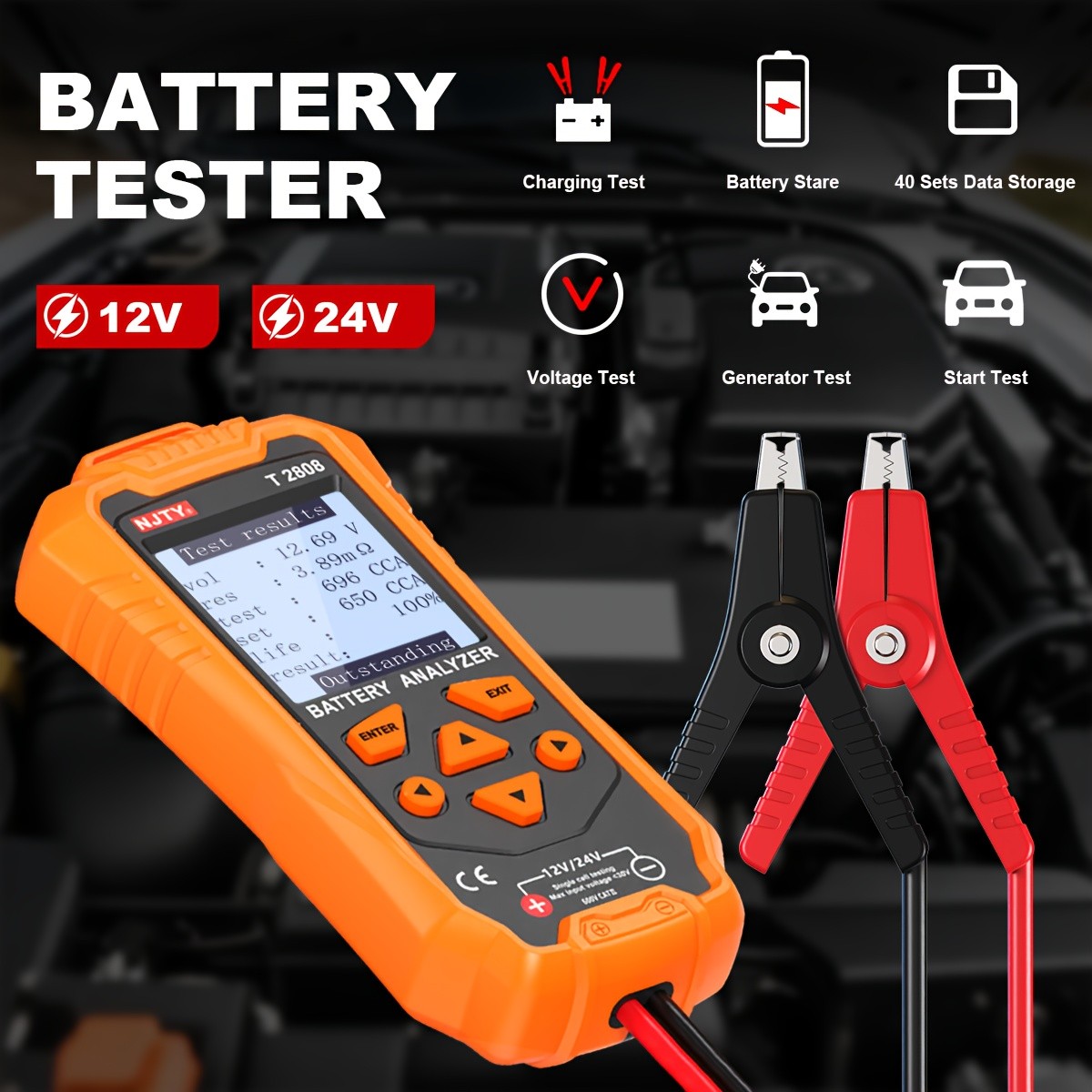 NJTY T2808 Portable 12V/24V Car Battery Tester with Load & Digital Analysis