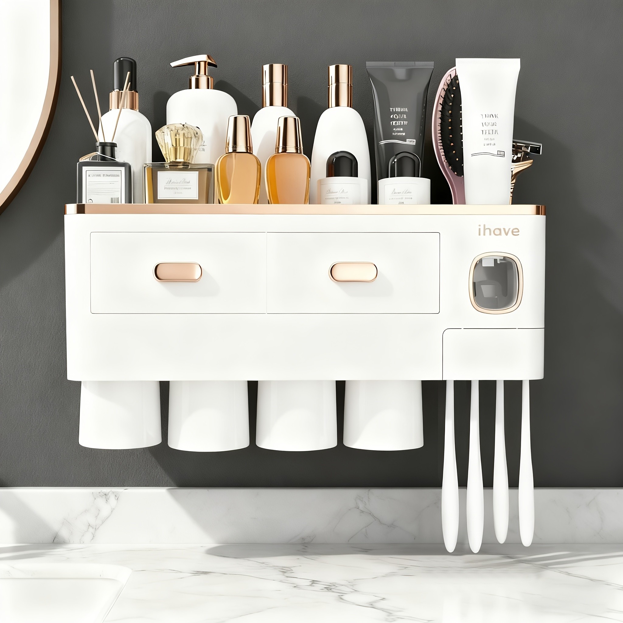 iHave Wall-Mounted Toothbrush Holder with Toothpaste Dispenser & Large Capacity Tray
