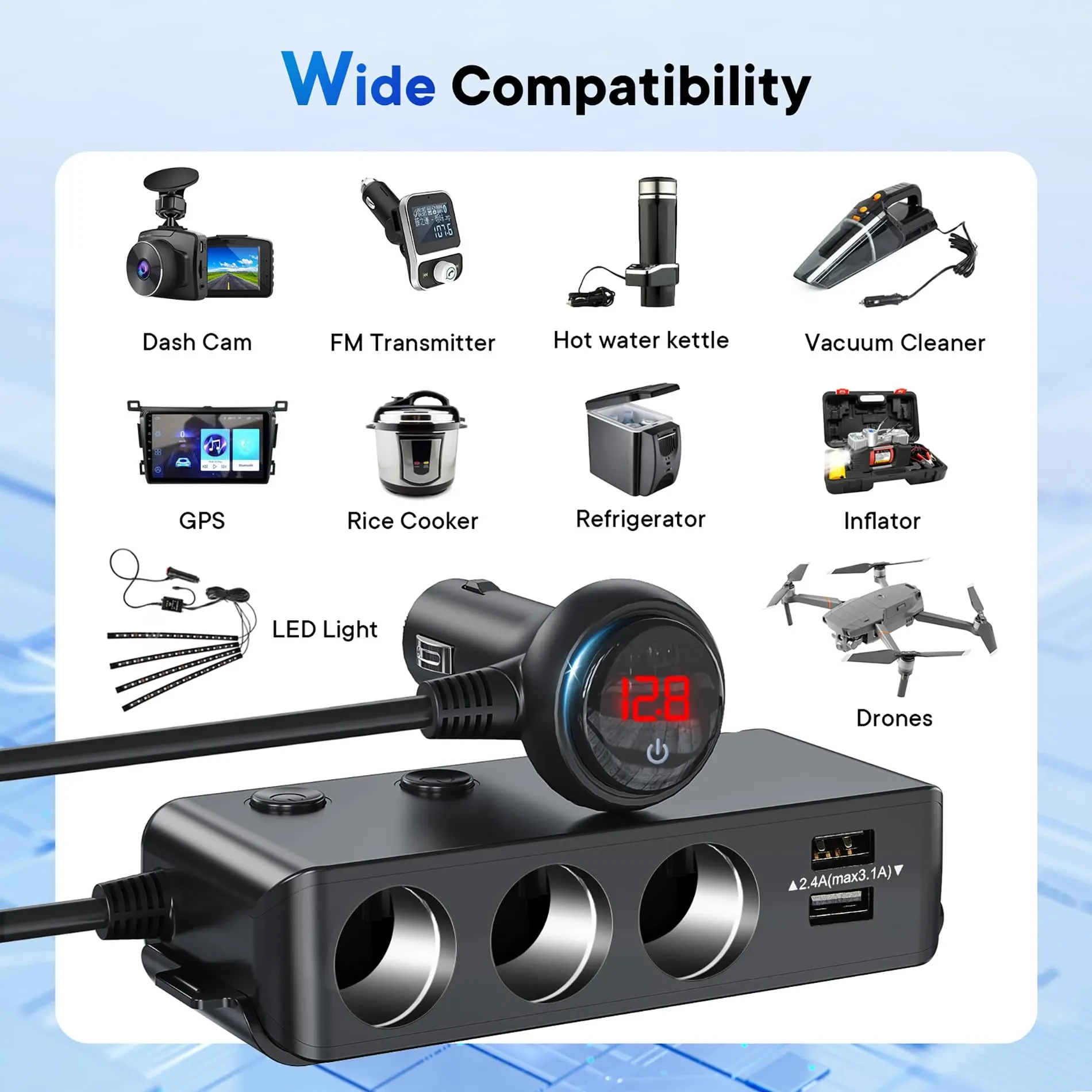 Car Charger Splitter 200W 3 Socket Cigarette Lighter Adapter With PD30W USB-C Multi USB Car Charger DC Outlet