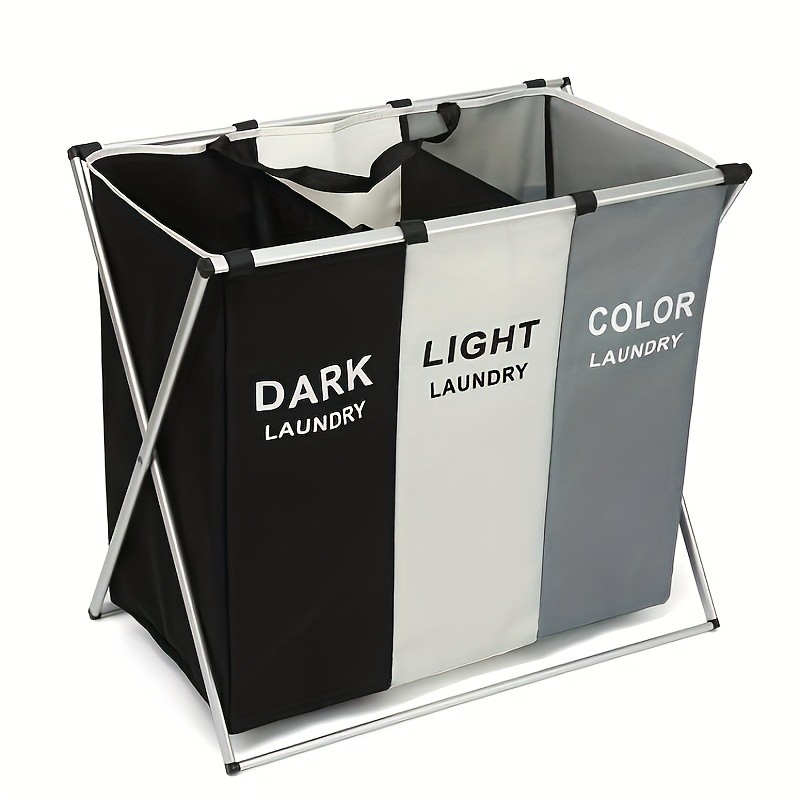 LONGKING 3-Compartment Folding Laundry Basket with Attached Bag