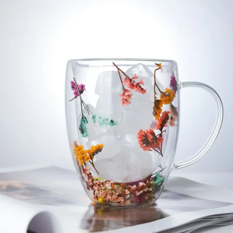 Double Wall Glass Coffee Cup with Dry Flower