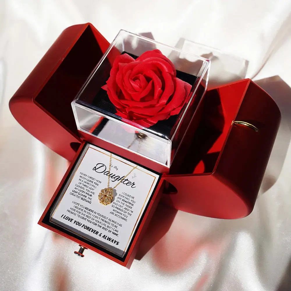 Daughters Lucky Clover Necklace & Forever Rose Keepsake Gift Set