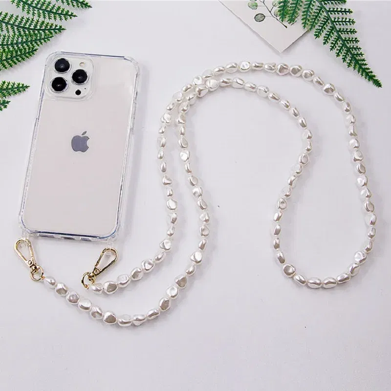 Color: Sky blue, Bundle: Case & Strap, Material: Denim - DIY Luxury Pearl Chain Crossbody Strap Shockproof Acrylic Lanyard Phone Case for iPhone 14 13 12 PRO 15 Pro Max X XS 12 MINI