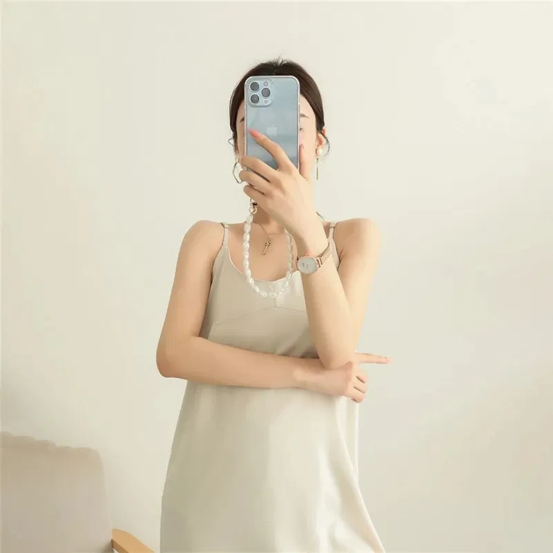 Color: Brown, Bundle: Case & Strap, Material: Vinyl - Pearl Bracelet Wrist Chain Phone Case For iPhone 13 12 11 14 15 Pro Max XR X XS Mini 7 8 Plus SE Transparent Hard Acrylic Cover