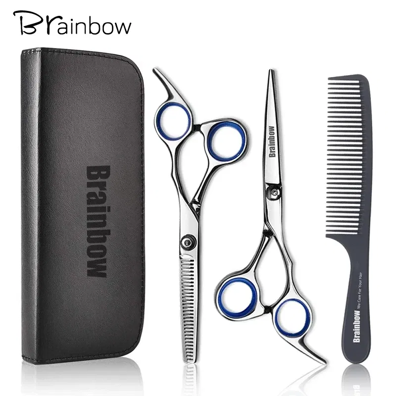 Color: GRAY - Brainbow 6 inch Cutting Thinning Styling Tool Hair Scissors Stainless Steel Salon Hairdressing Shears Regular Flat Teeth Blades