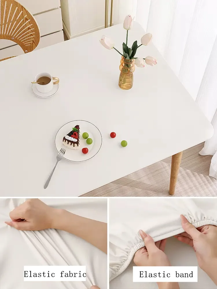 Color: WHITE, Specification: 60*120cm - Solid color PU leather table cover fixable elastic tablecloth waterproof round square Table cloth custom table protector