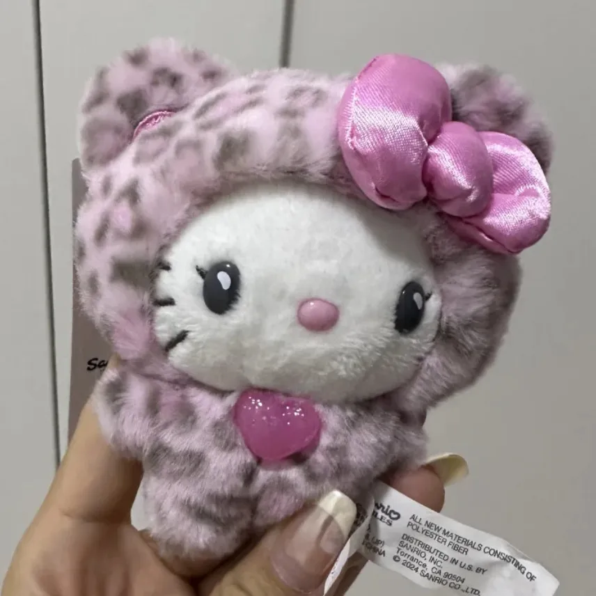 Color: Brown - Sanrio Leopard Print Bear Series Hello Kitty Keychain Pendant Cartoon Kitty Cat Plush Doll Pendant Keychain Bag Decorations Gift