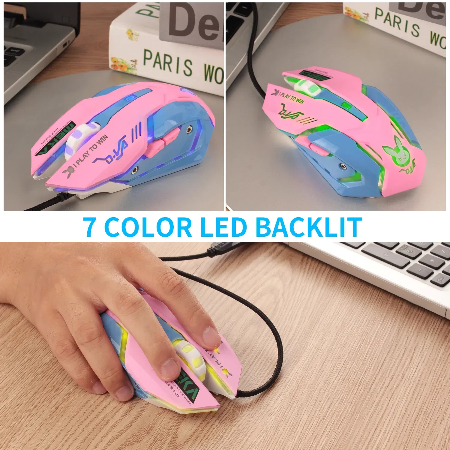 Color: WHITE - 2400DPI Gaming Mouse Color Backlit Silent Mouse USB Wired Gaming Mouse Pink Computer Professional for Lol Data Laptop