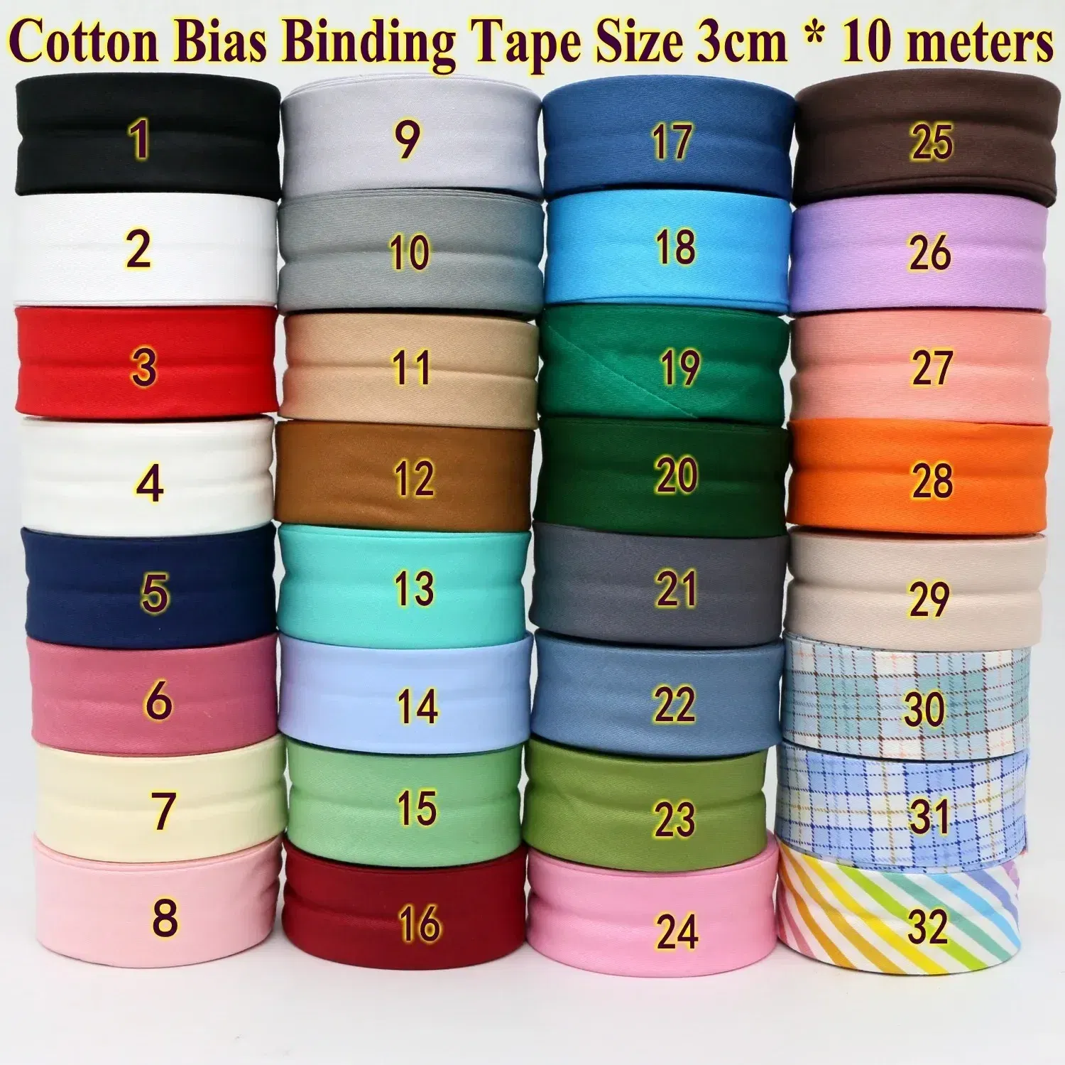 Color: Nickel-Free White, Size: L - Cotton Bias Binding Tape Size 3cm *10meter Solid Color DIY Handmade Sewing Material Bias Tape