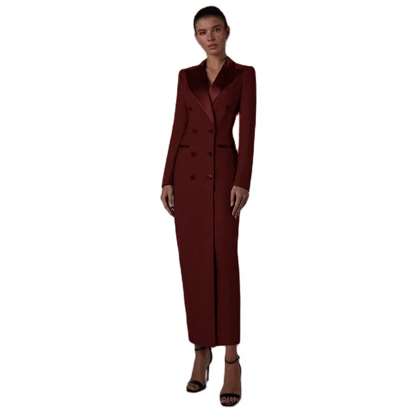 Color: Khaki, Size: M - Women's Suit Long Jacket One Piece Blazer Double Breasted Formal Tuxedo Party Dress кос?‚юм ?¶?µнский