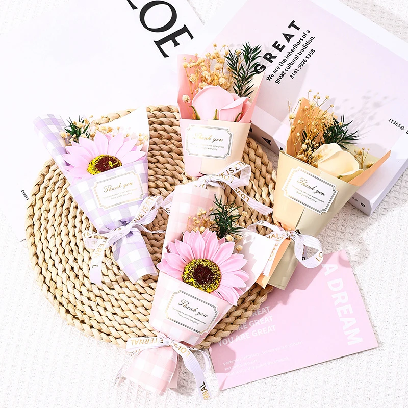 Color: Beige - Flower Bouquet Rose Sunflower Simulation Flower Creative Artificial Soap Flower Party Wedding Decoration Valentine's Day Gift