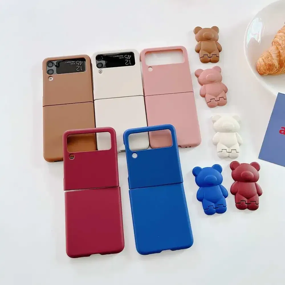 Color: Dark Blue, Material: Canvas - 3D Bear Bracket Kickstand Cute Case For Samsung Galaxy Z Flip 5 4 3 Hard Phone Case For Samsung Z Flip 3 4 Flip5 ZFlip4 Cover
