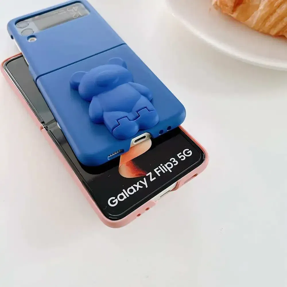 Color: Dark Blue, Material: Canvas - 3D Bear Bracket Kickstand Cute Case For Samsung Galaxy Z Flip 5 4 3 Hard Phone Case For Samsung Z Flip 3 4 Flip5 ZFlip4 Cover