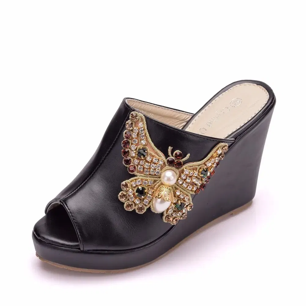 Color: black, Shoe Size: 37 - Crystal Queen 10cm Peep Toe Platform Wedges Slippers High Heels Beach Sandals Women