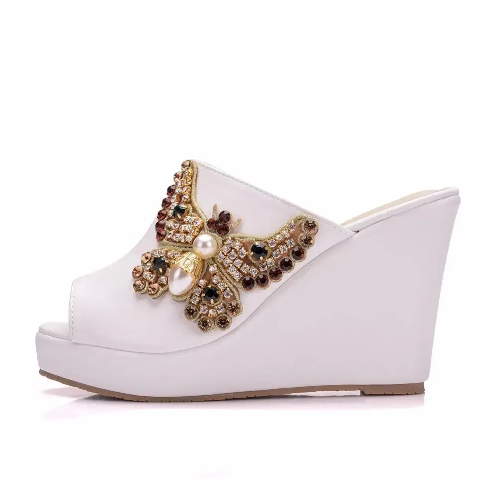 Color: black, Shoe Size: 37 - Crystal Queen 10cm Peep Toe Platform Wedges Slippers High Heels Beach Sandals Women