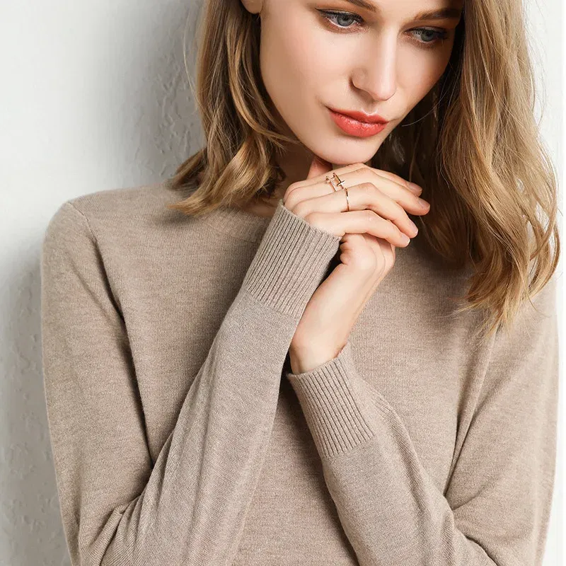 Color: Pink, Size: XL - Women Slim O-Neck Solid Pullover Cashmere Wool Blending Sweater Autumn And Winter Long-Sleeved Knit Bottoming Shirt Large Size