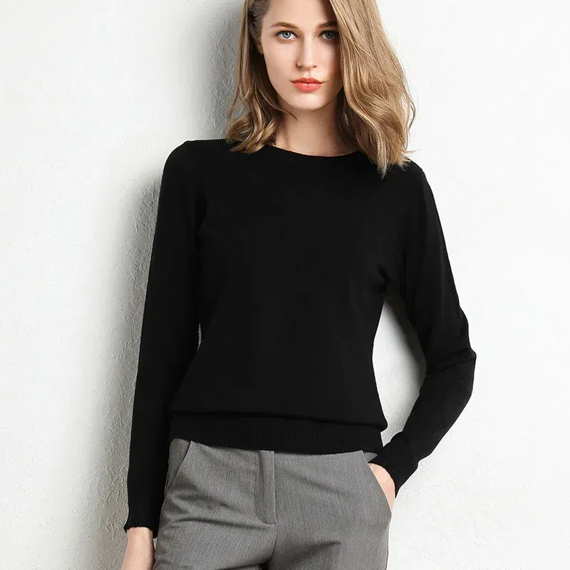 Color: Pink, Size: XL - Women Slim O-Neck Solid Pullover Cashmere Wool Blending Sweater Autumn And Winter Long-Sleeved Knit Bottoming Shirt Large Size