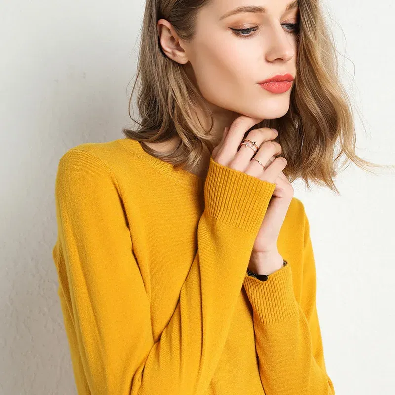 Color: Pink, Size: XL - Women Slim O-Neck Solid Pullover Cashmere Wool Blending Sweater Autumn And Winter Long-Sleeved Knit Bottoming Shirt Large Size