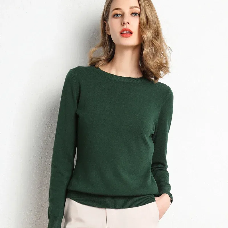 Color: Pink, Size: XL - Women Slim O-Neck Solid Pullover Cashmere Wool Blending Sweater Autumn And Winter Long-Sleeved Knit Bottoming Shirt Large Size