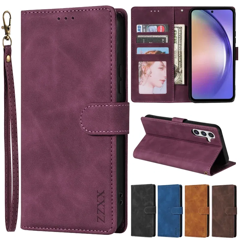 Color: Brown, Bundle: Case & Strap, Material: Microfiber - Wallet Card Slot Holder Magnetic Flip Leather Case For Samsung Galaxy S23 Ultra S22 Plus S21 FE S20 A12 A13 A14 A34 A52 A53 A54
