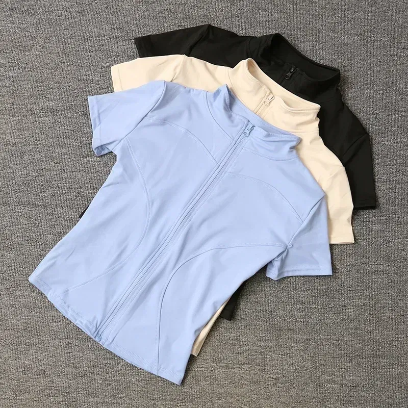 Color: DEEP BLUE, Size: L - Summer High Quality Waist Slimming Training Tops Women's Quick-drying Tight Stand Collar Full Zipper Short Sleeves Yoga shirts