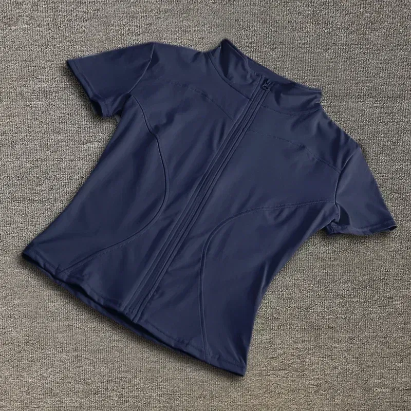 Color: DEEP BLUE, Size: L - Summer High Quality Waist Slimming Training Tops Women's Quick-drying Tight Stand Collar Full Zipper Short Sleeves Yoga shirts