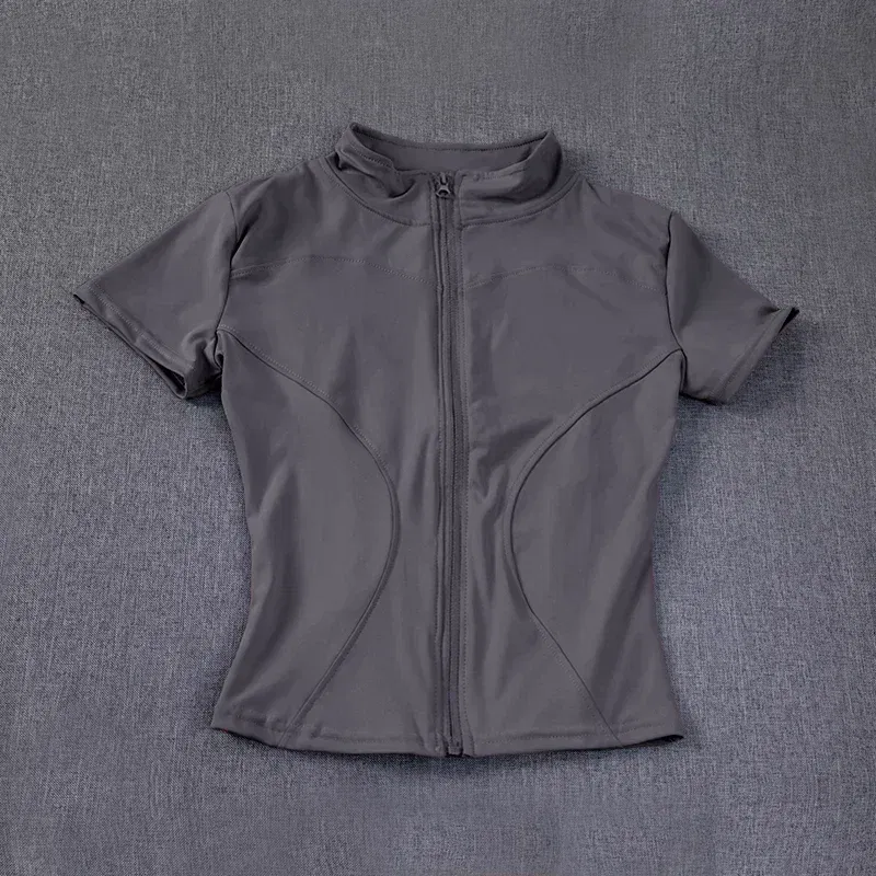 Color: DEEP BLUE, Size: L - Summer High Quality Waist Slimming Training Tops Women's Quick-drying Tight Stand Collar Full Zipper Short Sleeves Yoga shirts