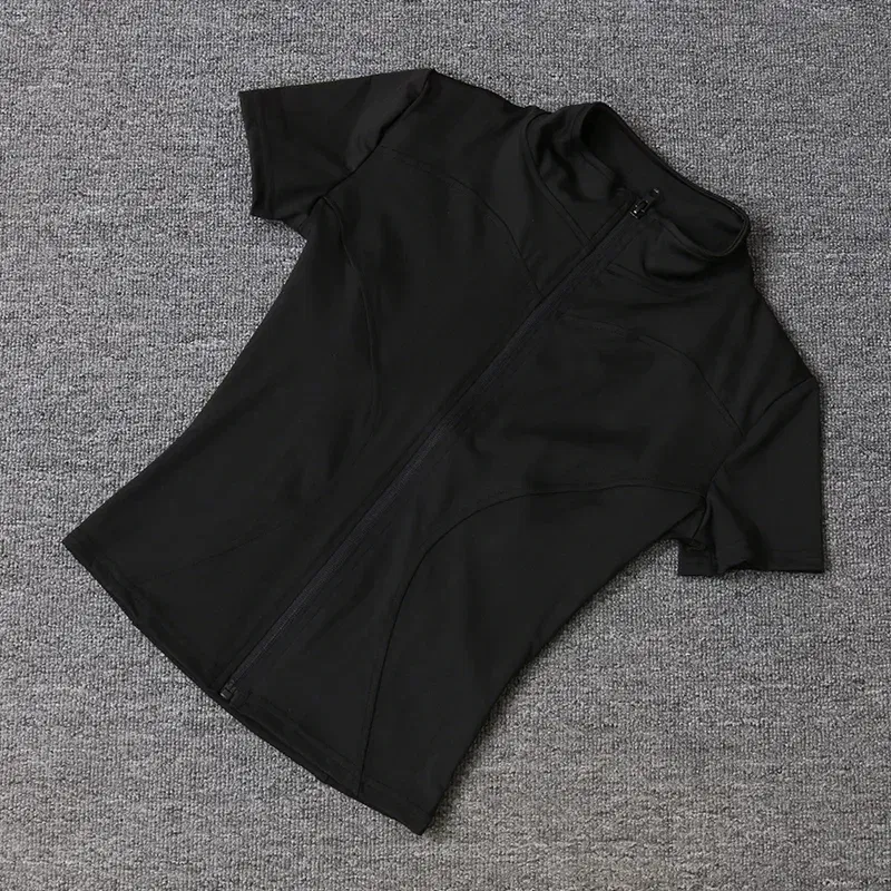Color: DEEP BLUE, Size: L - Summer High Quality Waist Slimming Training Tops Women's Quick-drying Tight Stand Collar Full Zipper Short Sleeves Yoga shirts