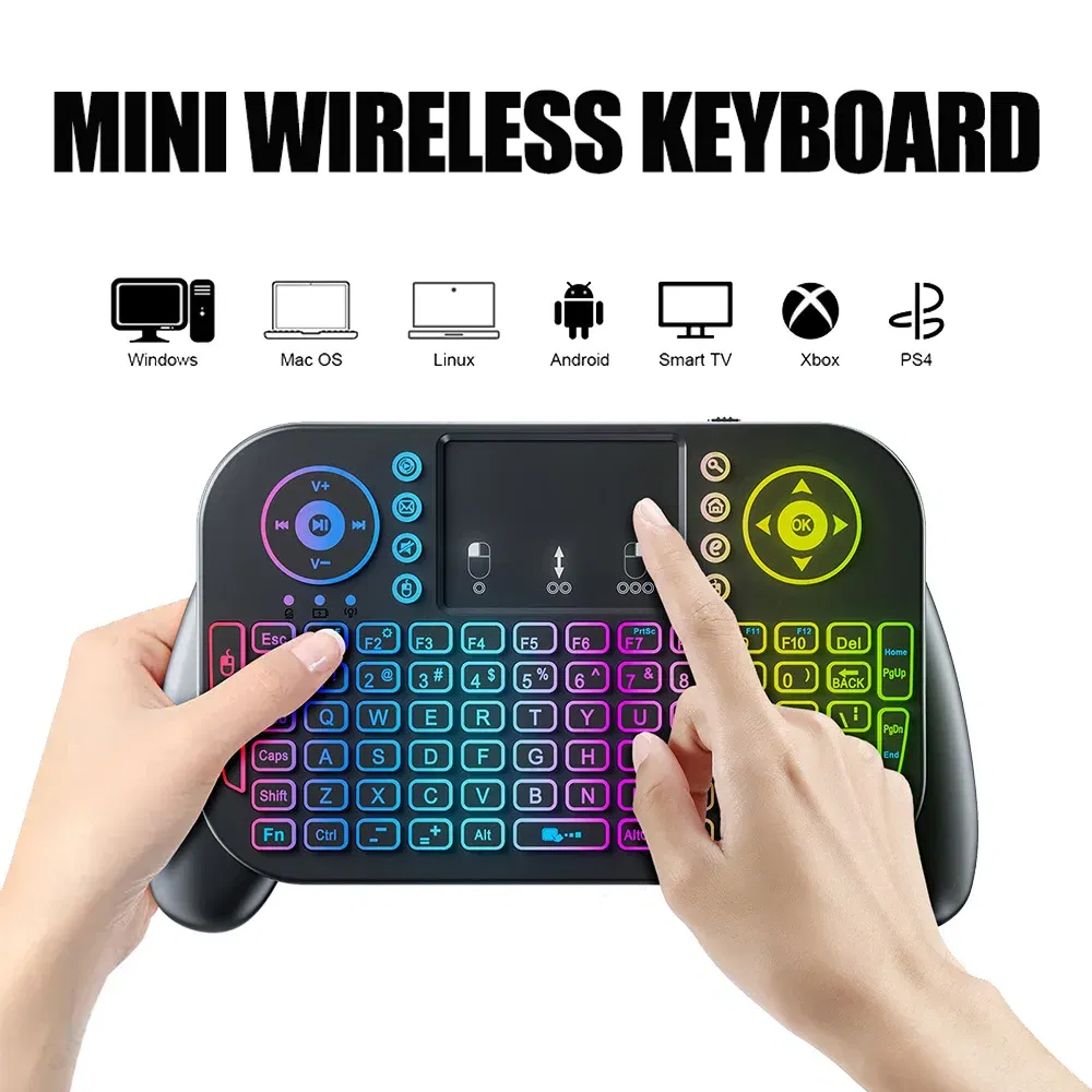 Axis Body: blue switch, Color: Red - Mini Wireless Keyboard V8 7 Backlit 2.4G Bluetooth Air Mouse Remote Control Touchpad for Android TV Box