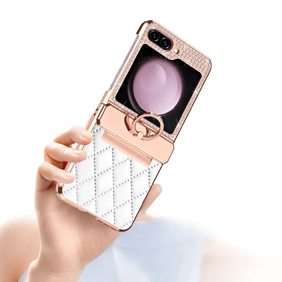 Color: Gold, Material: Canvas - Diamonds Leather Plating Ring Holder Case For Samsung Galaxy Z Flip 5 4 3 5G Shockproof Hinge Protection Cover For Z Flip5