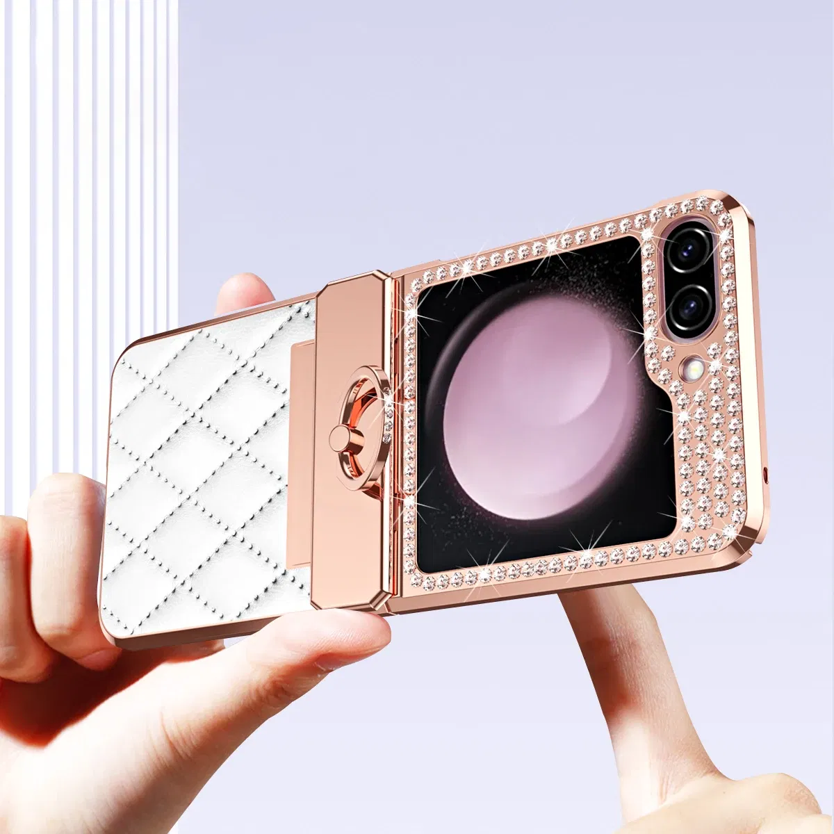 Color: Gold, Material: Canvas - Diamonds Leather Plating Ring Holder Case For Samsung Galaxy Z Flip 5 4 3 5G Shockproof Hinge Protection Cover For Z Flip5