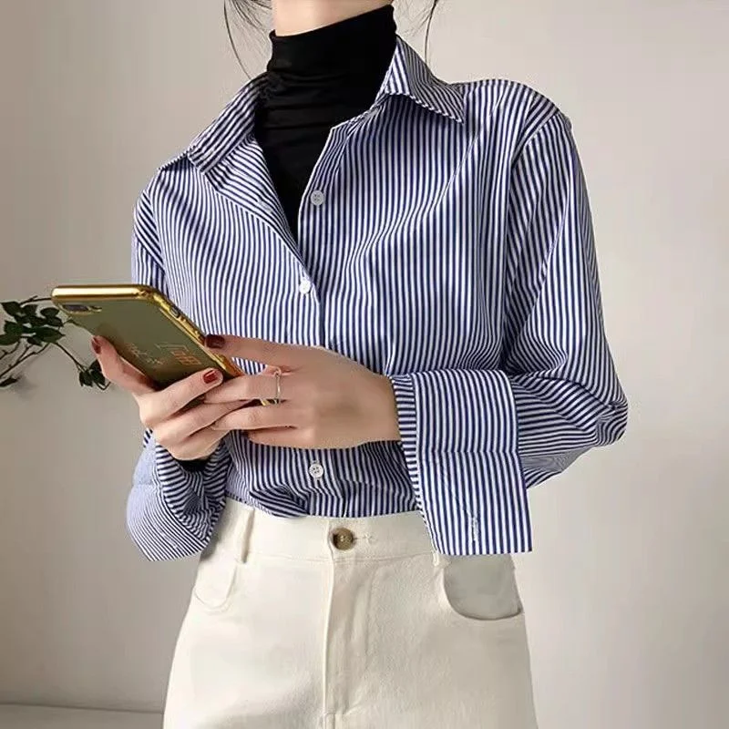 Color: Blue, Size: M - Classic Striped Woman Spring Autumn Blouses Shirt Lady Long Lantern Sleeve Stand Collar Loose Blusas Tops