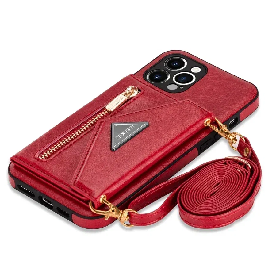 Color: Pink, Material: PP - Wallet Side Card Zipper Flip Crossbody Leather Case For iPhone 15 14 Pro Max 13 Mini 12 11 SE 2022 2020 X XS XR 8 7 6 6s Plus