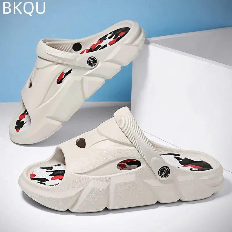 Color: GRAY, Shoe Size: 44 - Men's Beach Slippers Round Toe Lightweight Flat Bottom Waterproof Comfortable Trend Versatile Breathable Non-slip Large Size