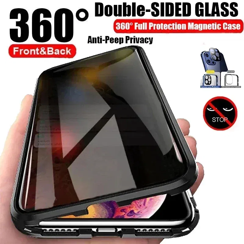 Color: PURPLE, Material: Cotton - Double-Sided Privacy Magnetic Case For iPhone 16 12 13 14 15 11 Pro Max 14 Plus 16 Plus Anti Peeping Full Cover Metal Frame Case