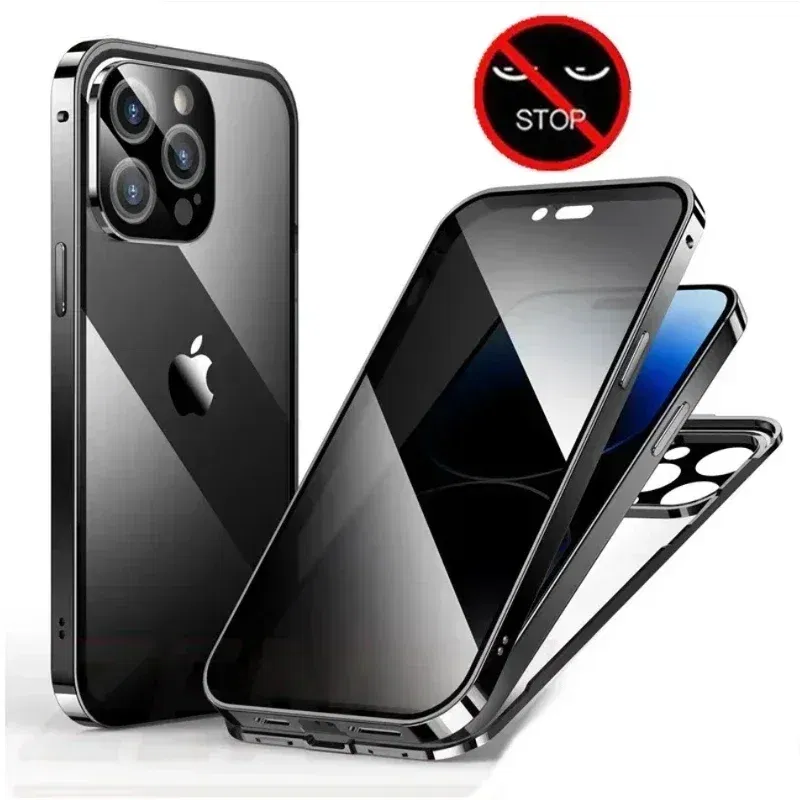 Color: PURPLE, Material: Cotton - Double-Sided Privacy Magnetic Case For iPhone 16 12 13 14 15 11 Pro Max 14 Plus 16 Plus Anti Peeping Full Cover Metal Frame Case