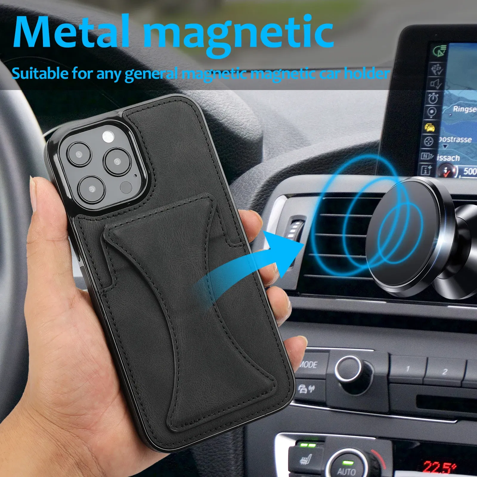 Color: Blue, Material: aluminum - For iPhone 16 Pro Max Plus Case 2024 With Magnetic Leather Kickstand Card Slot Wallet Back Cover Protection Shockproof Coque