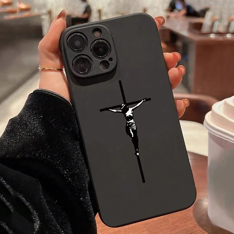 Color: SKY BLUE, Compatible-Phone Models: For iPhone 14 - Jesus Cross Painted Phone Case For iPhone 16 15 14 13 12 11 Pro Max XS X XR 7 8 Plus Mini SE 2020 2022