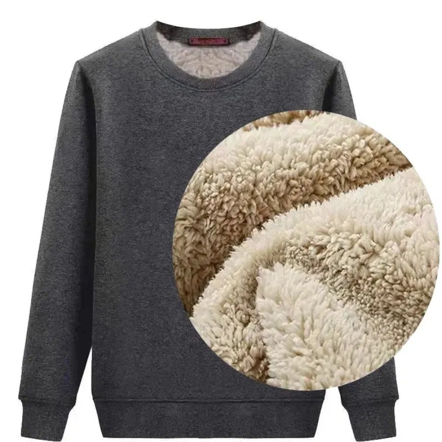 Color: black, Size: XL - Winter Men Fleece Sweatshirts Keep Warm Underwear Casual Solid Color Pullover Lambswool O-neck Thickened Thermal Underwear Tops